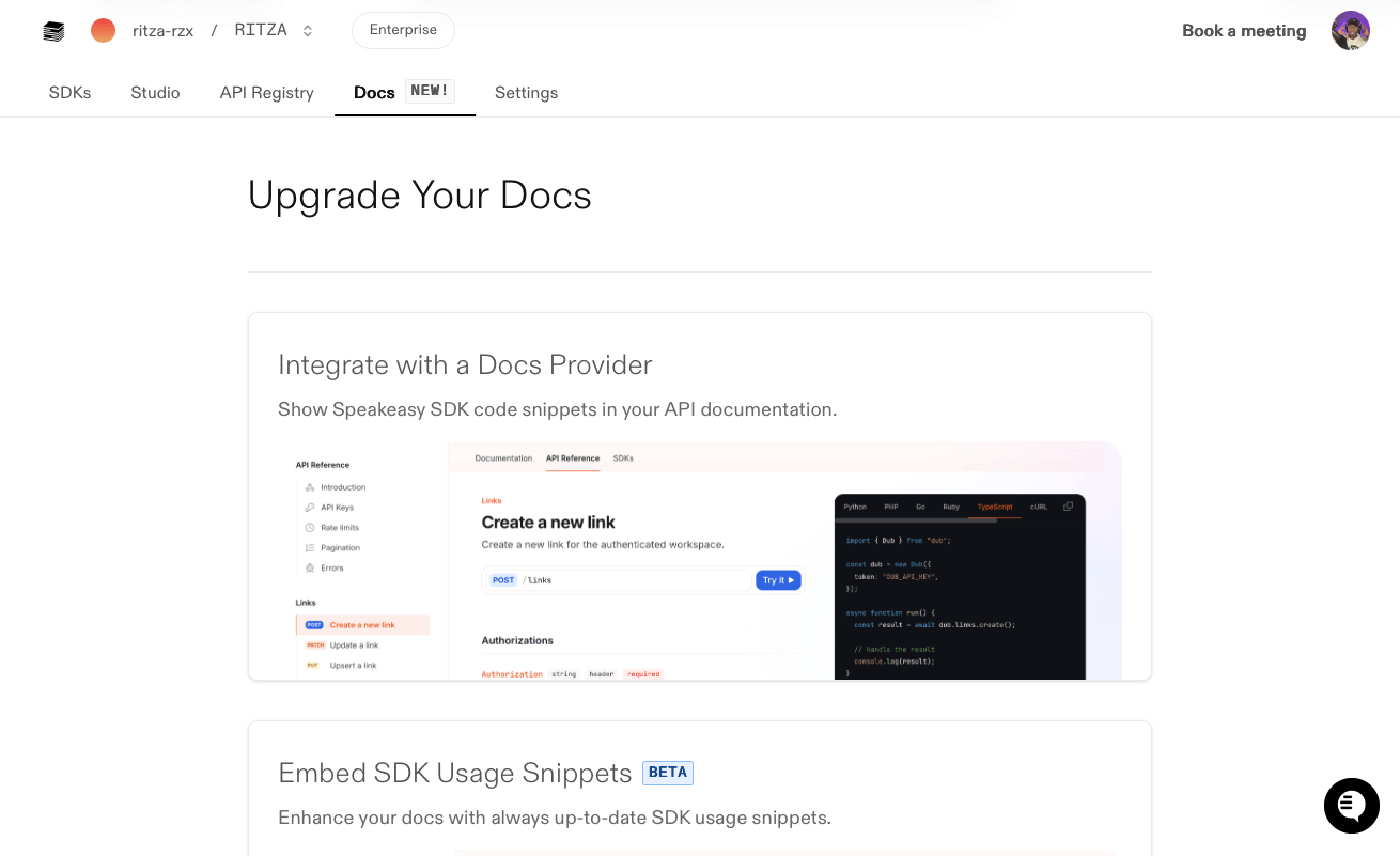 Screenshot showing the Speakeasy Dashboard Docs tab with Integrate with a Docs Provider option