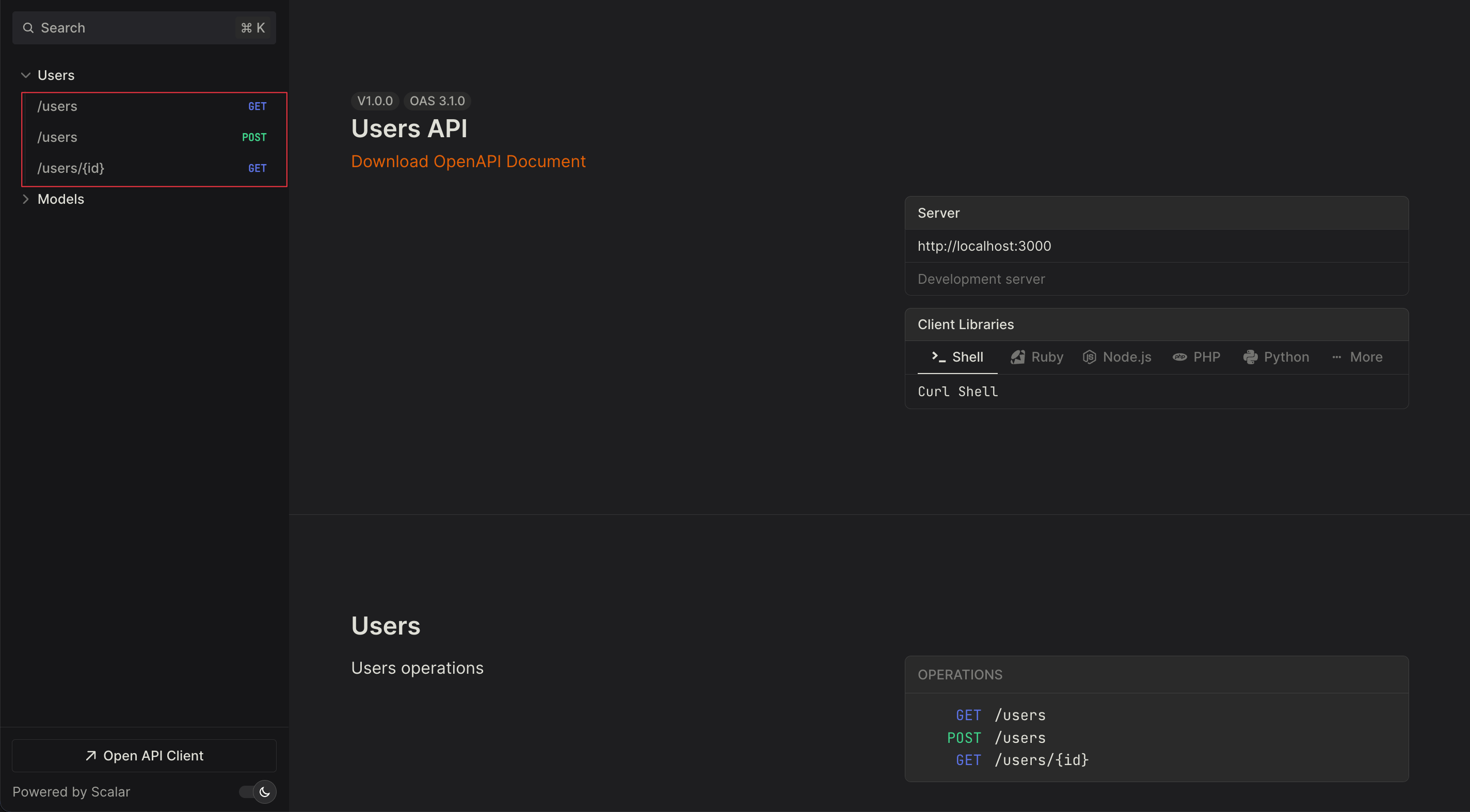 Scalar UI endpoints