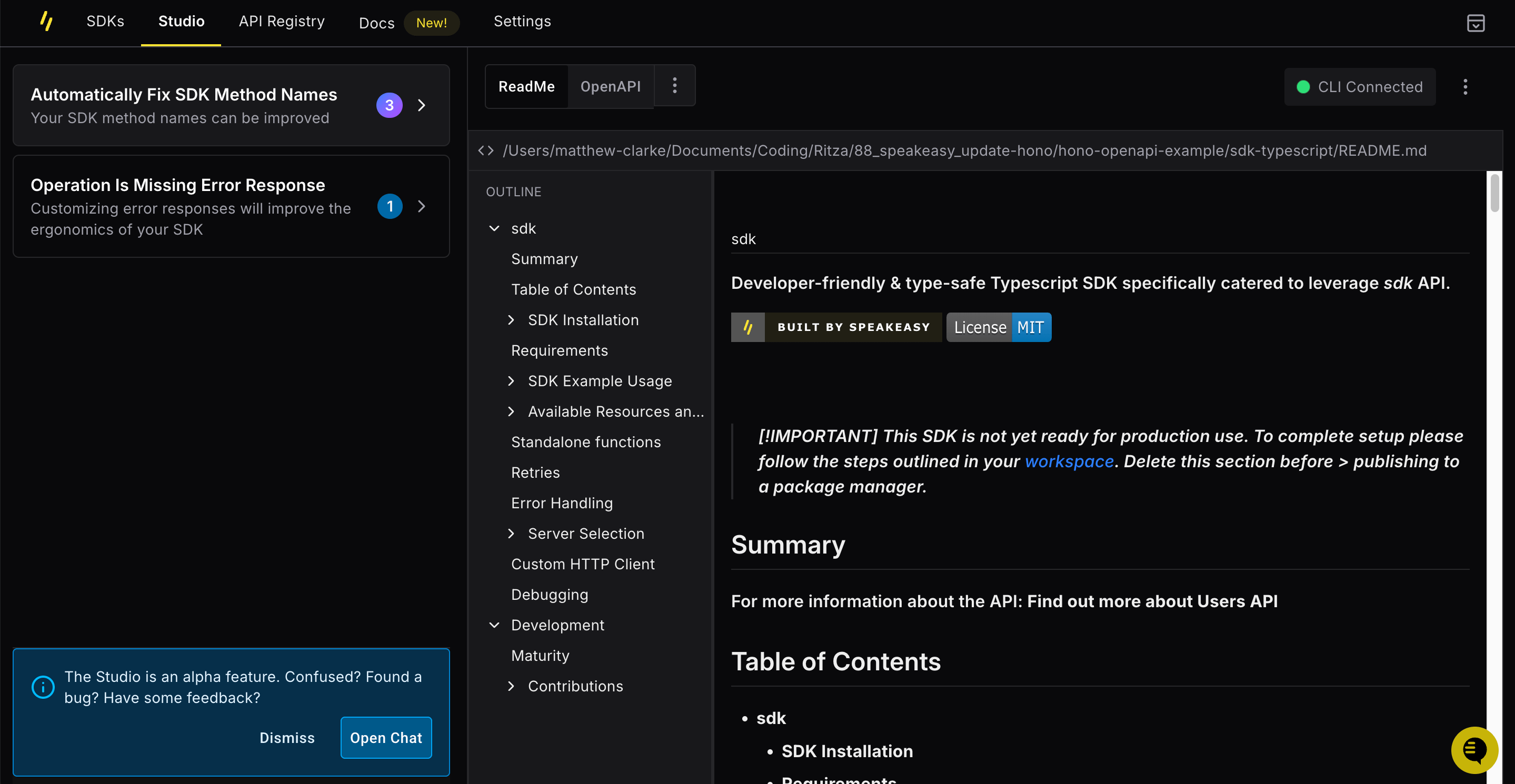 Speakeasy Studio showing SDK improvement suggestions