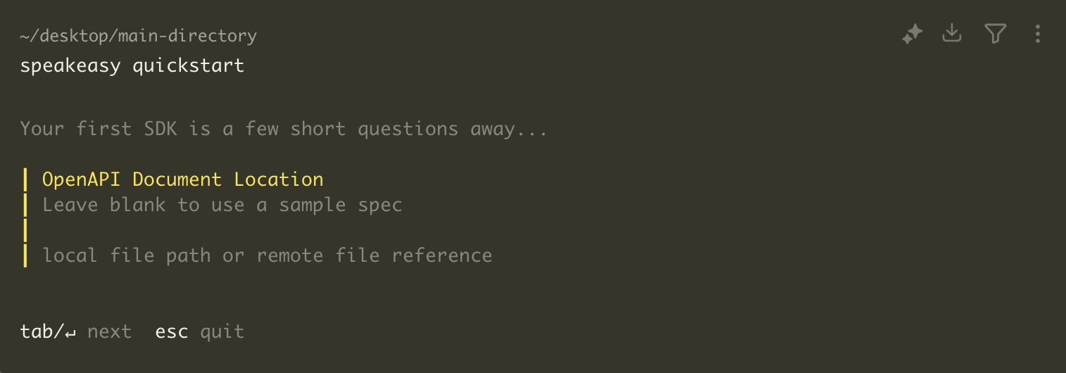 A screenshot of the speakeasy quickstart command in the CLI.